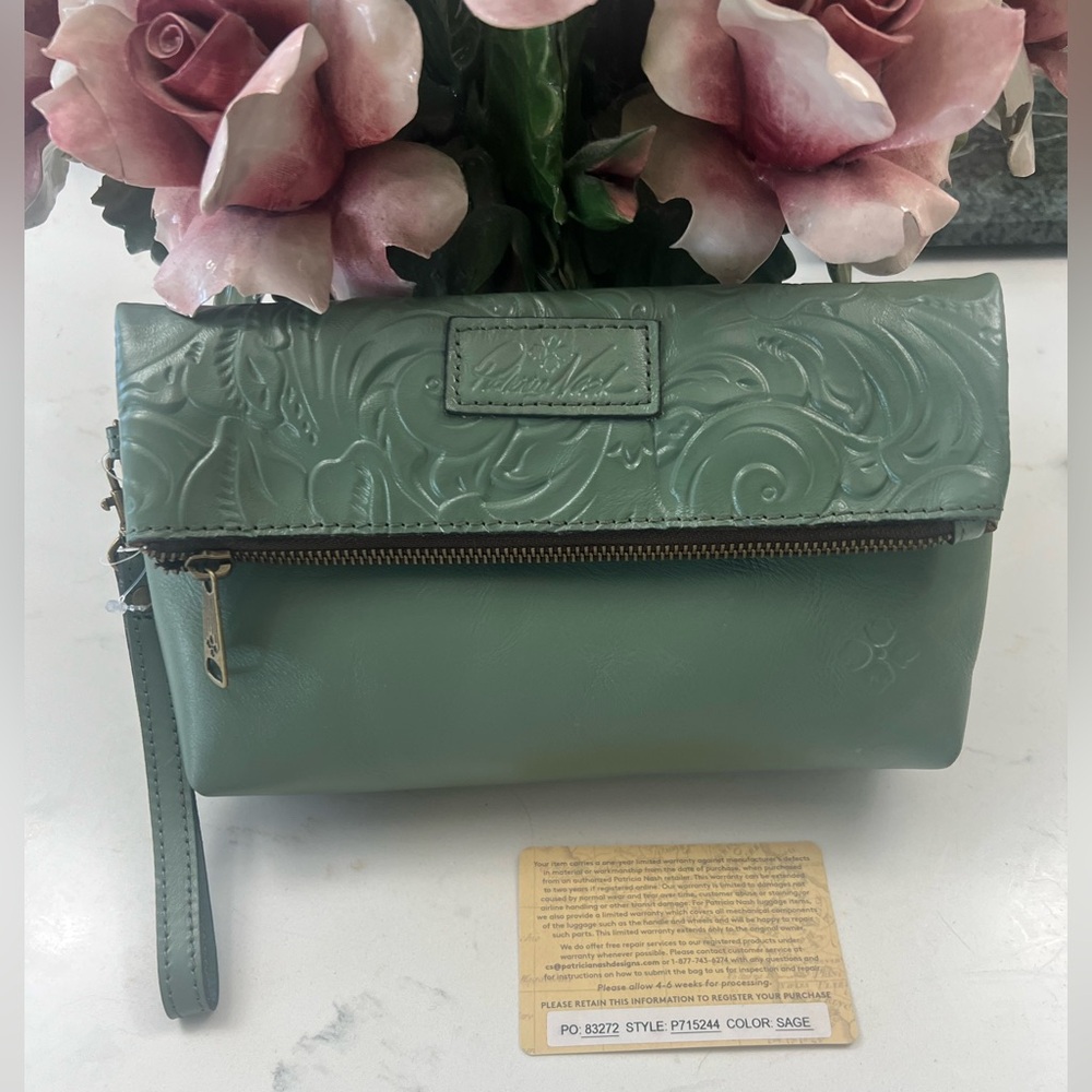 Patricia Nash Sage green Valerie Fold-Over Tooled Leather wristlet Wallet